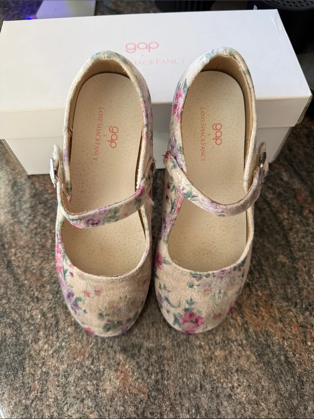 LoveShackFancy x GAP Floral Mary Jane Shoes in Beige and Pink